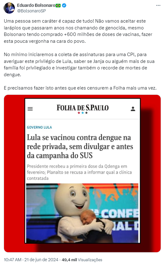 Eduardo quer CPI sobre privilegio de Lula em vacinacao da