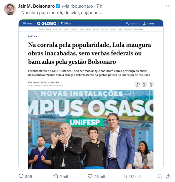 Bolsonaro sobre Lula Nascido para mentir desviar enganar.png