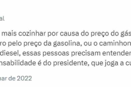 Postagem do presidente Lula de 29 de março de 2022 no X, antigo Twitter, sobre a alta dos combustíveis