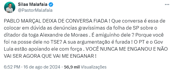 1723855549 987 Malafaia sobre aceno de Marcal a Moraes ‘Voce nunca me