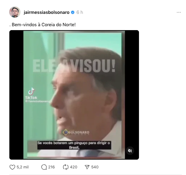 Bolsonaro apos suspensao do X Bem vindos a Coreia do Norte.png