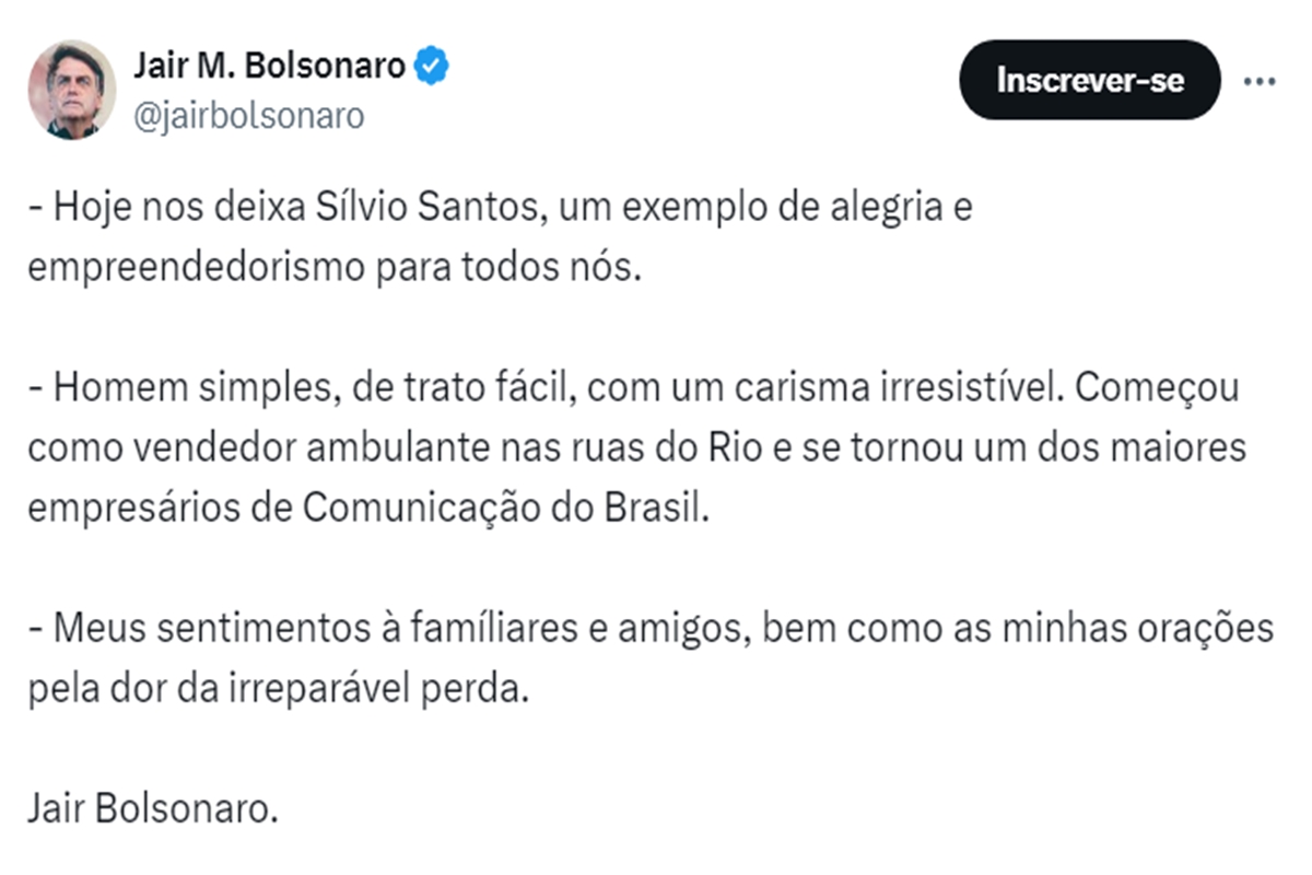 Imagem colorida de Mensagem de Jair Bolsonaro pela morte de Silvio Santos