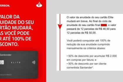 Email comunicando o reajuste de anuidade de cartões de crédito Santander