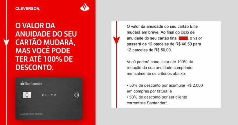 Email comunicando o reajuste de anuidade de cartões de crédito Santander