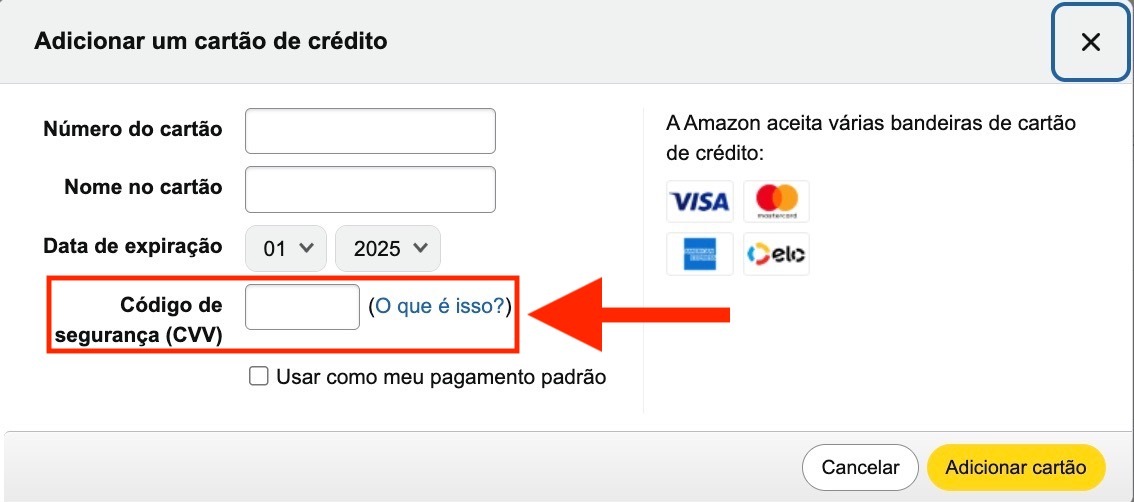 CVV do cartão solicitado em compra online.