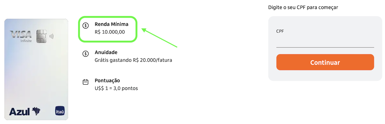 Qual a renda mínima para ter um cartão Azul Visa Infinite?