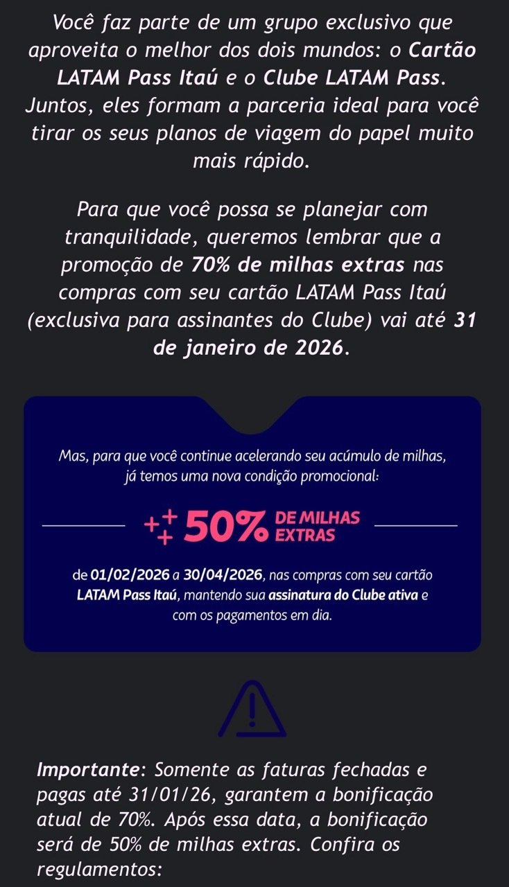 Má notícia! Latam Pass vai reduzir bônus de acúmulo de milhas no cartão para assinantes do Clube 1 1769031878 Ma noticia Latam Pass vai reduzir bonus de acumulo de.jpeg