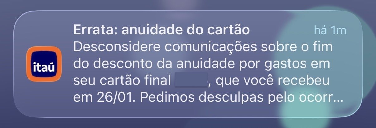 Voltou atrás! Itaú envia novo comunicado sobre o fim da anuidade grátis por gastos no cartão 1 1769466303 Voltou atras Itau envia novo comunicado sobre o fim da.jpeg