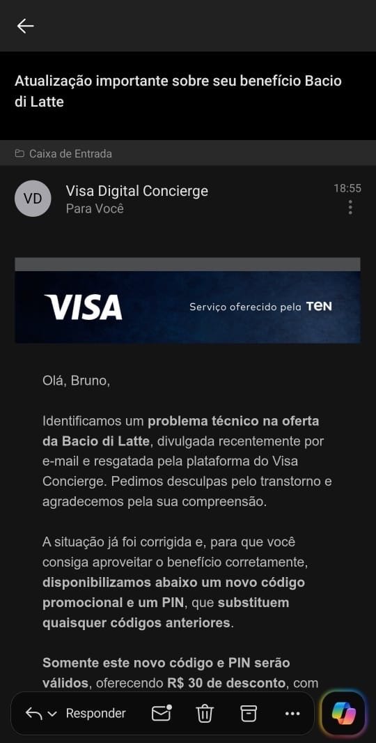 Visa esta enviando novos codigos da oferta de R 30